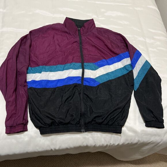 VTG 90S Jacket Mens L Windbreaker Colorblock Striped Full Zip Aviat Sportif - Picture 2 of 13